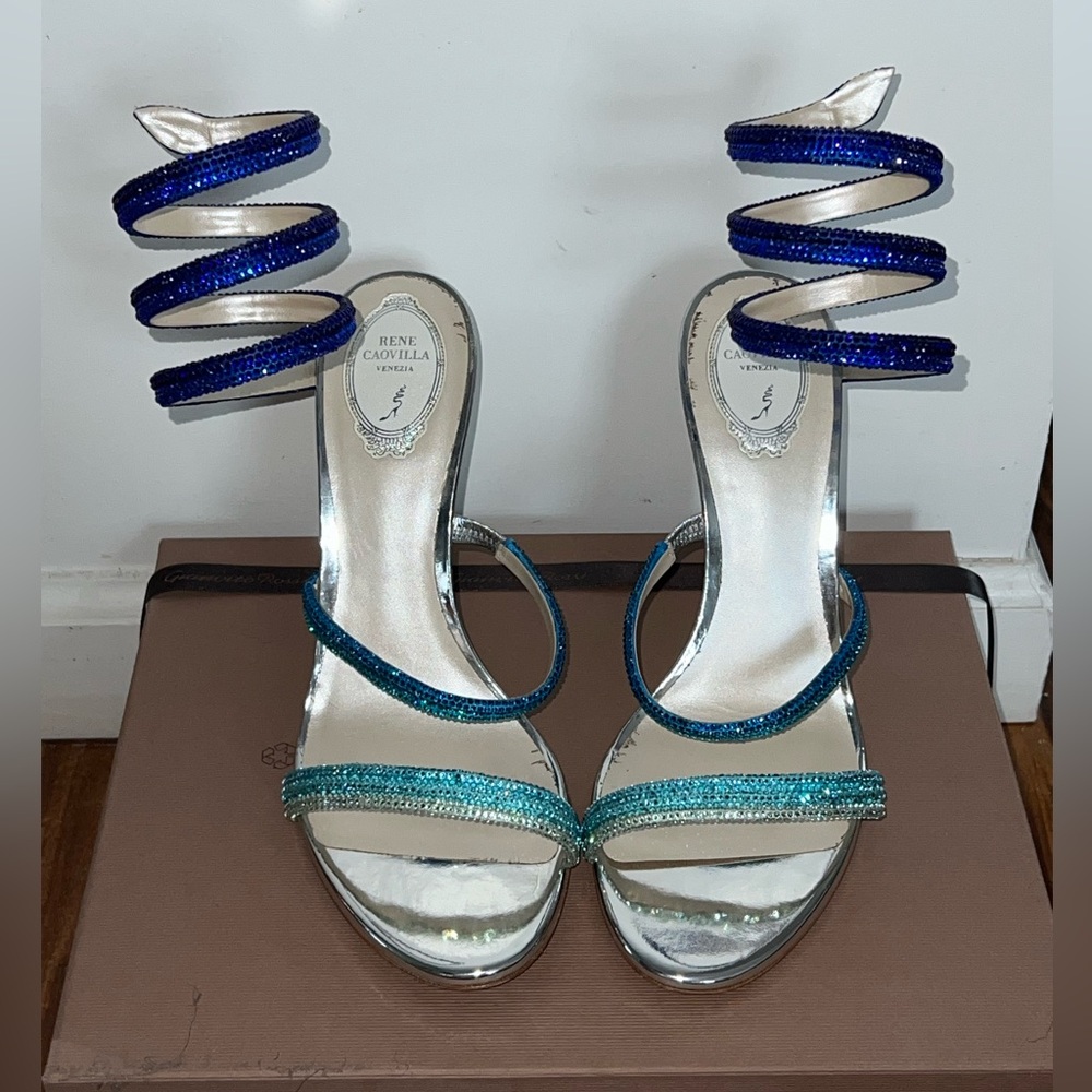 Rene Caovilla Cleo Silver Sandals with Blue Degradé Crystals 105 Spiral Straps